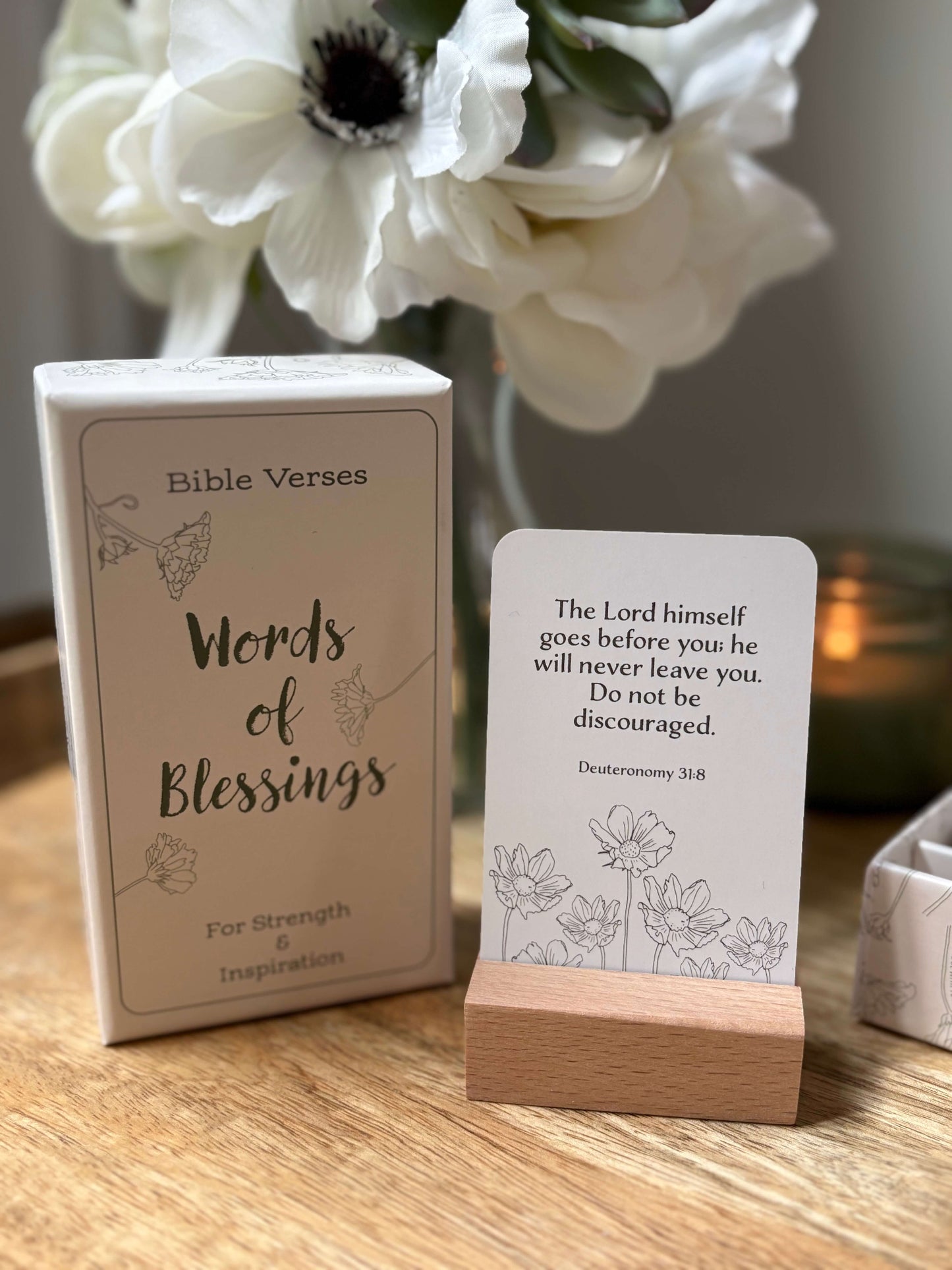 Inspirational Christian scripture card set with wooden stand