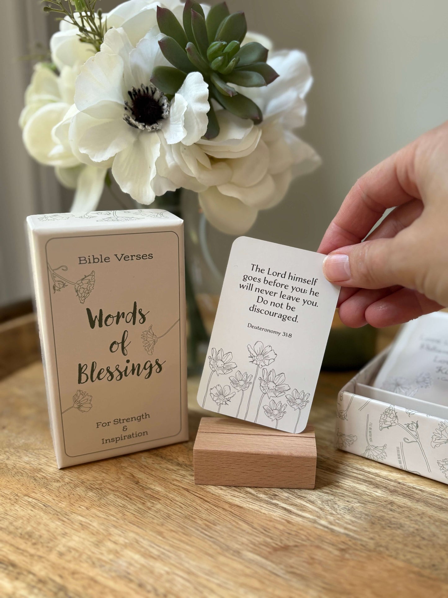 Inspirational Christian scripture card set with wooden stand