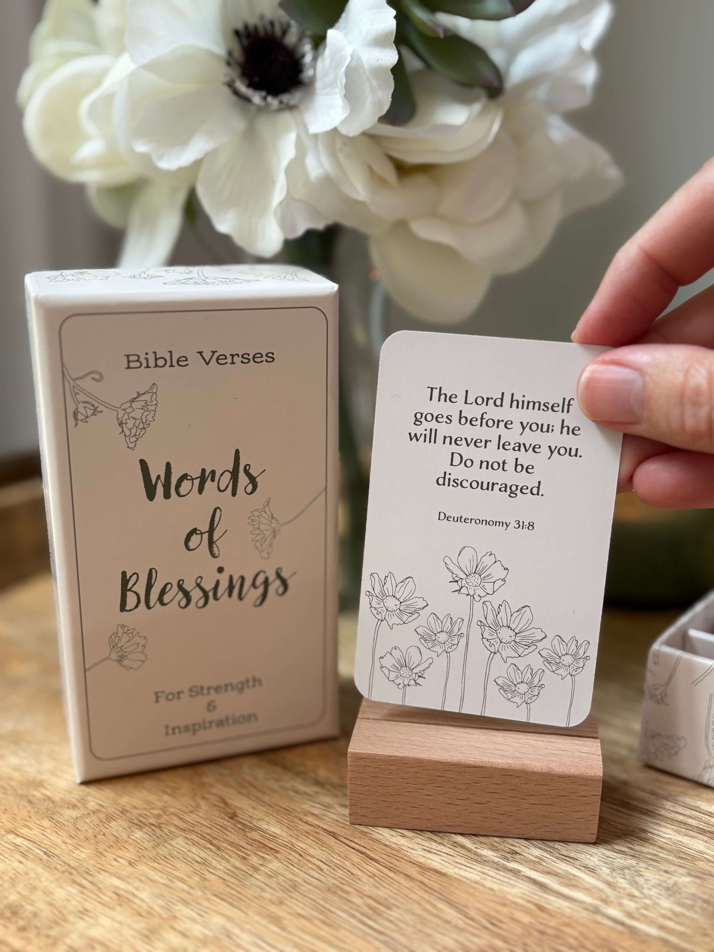 Inspirational Christian scripture card set with wooden stand