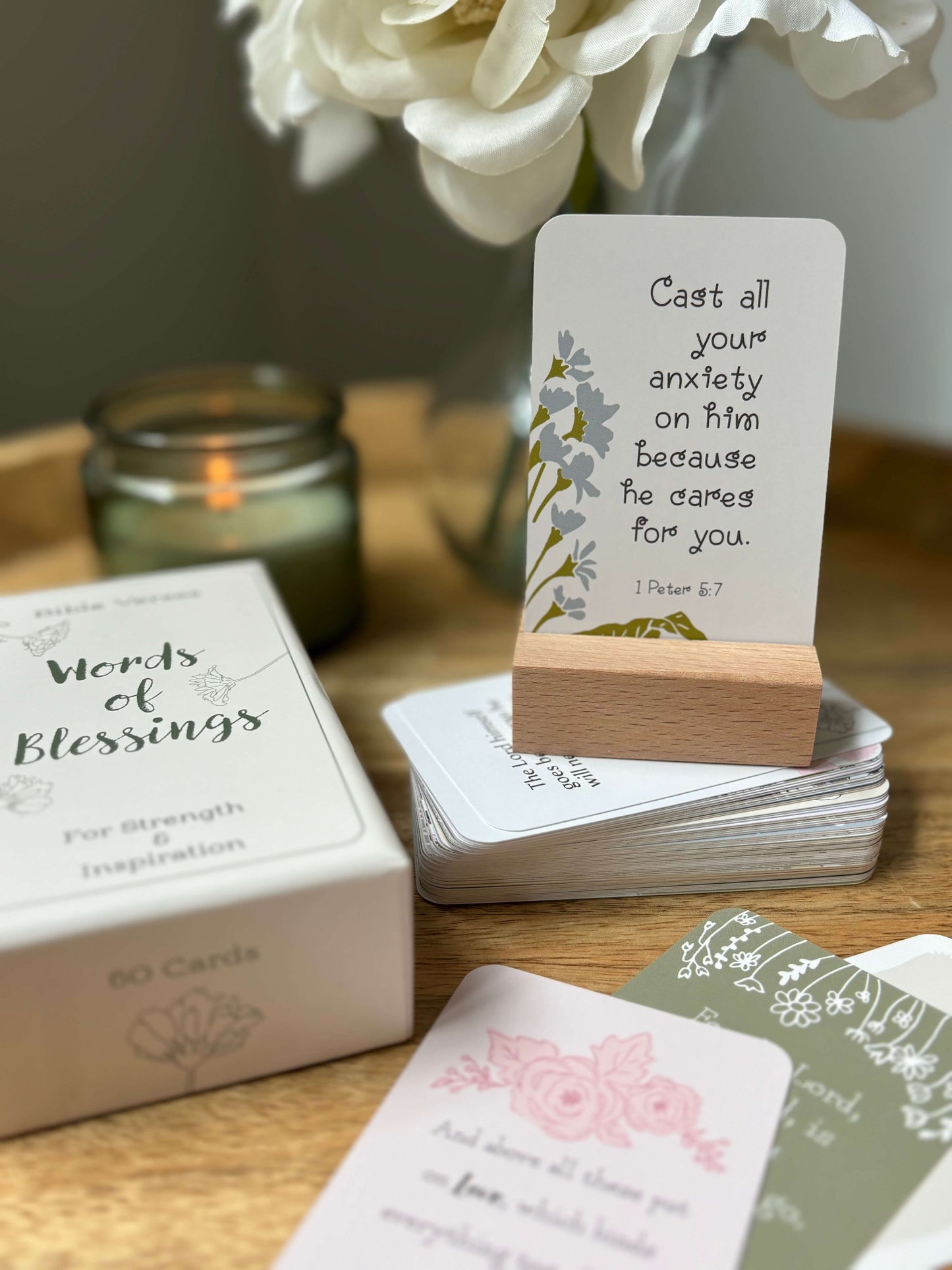 Inspirational Christian scripture card set with wooden stand