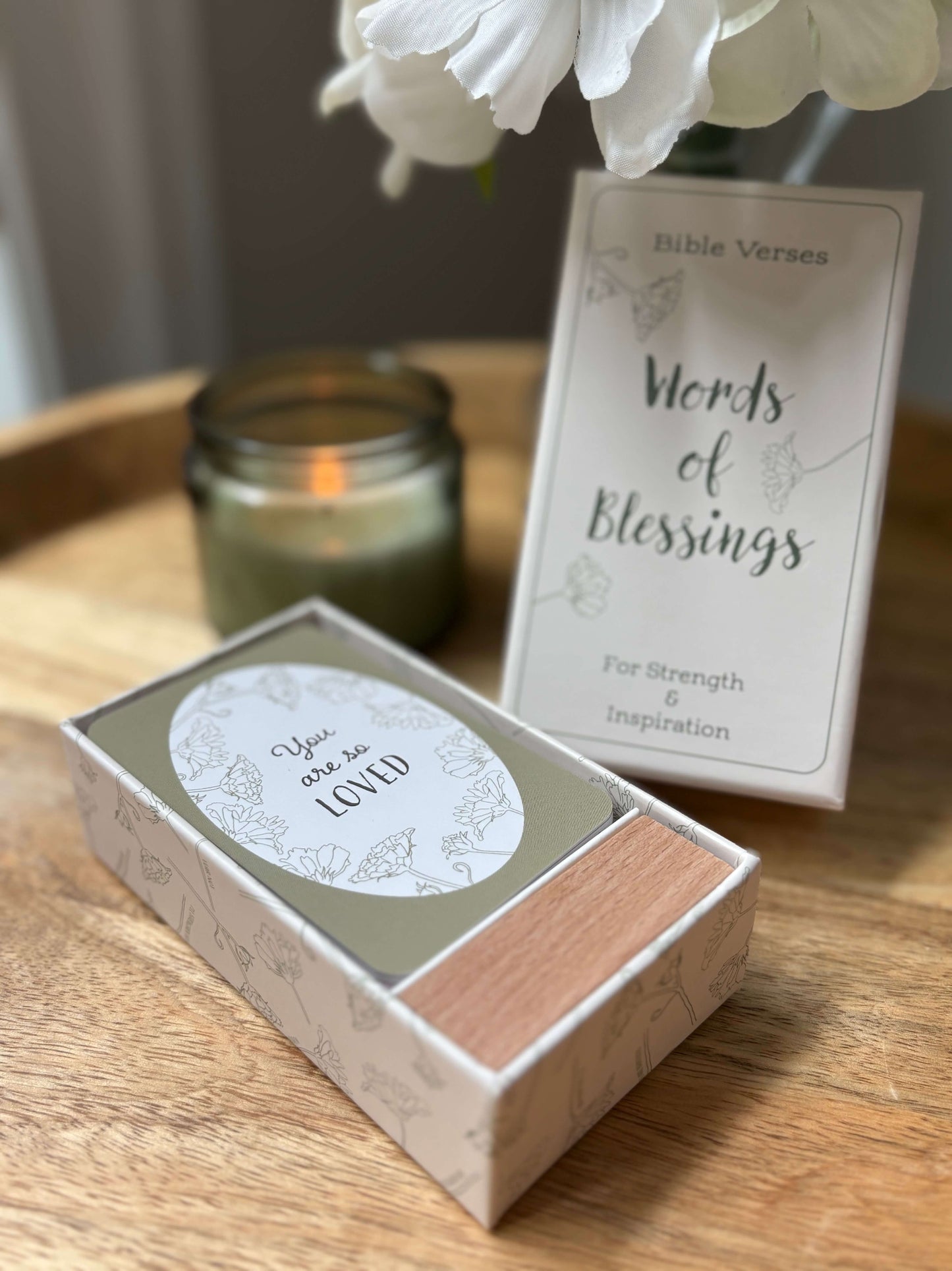 Inspirational Christian scripture card set with wooden stand