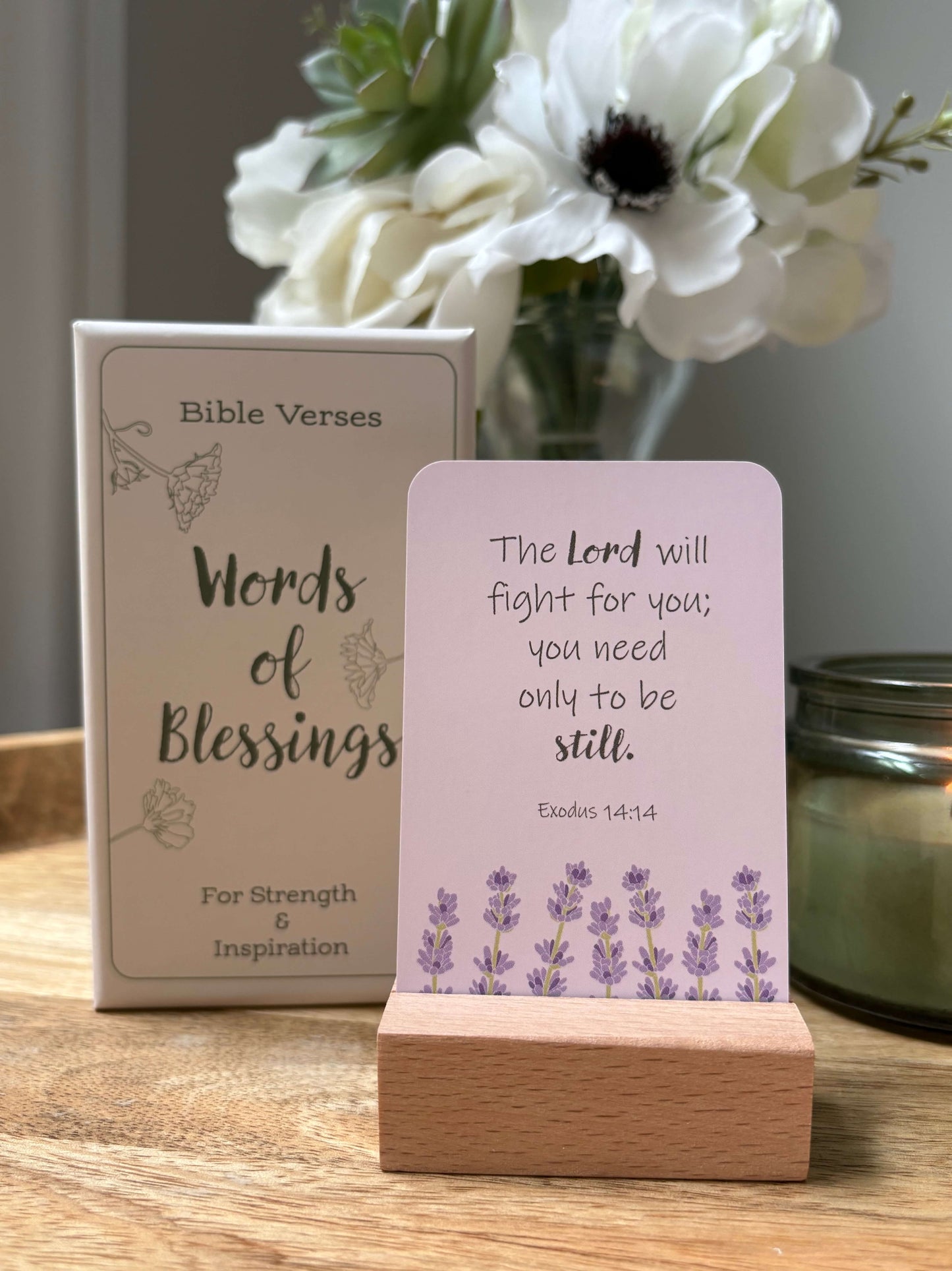 Inspirational Christian scripture card set with wooden stand